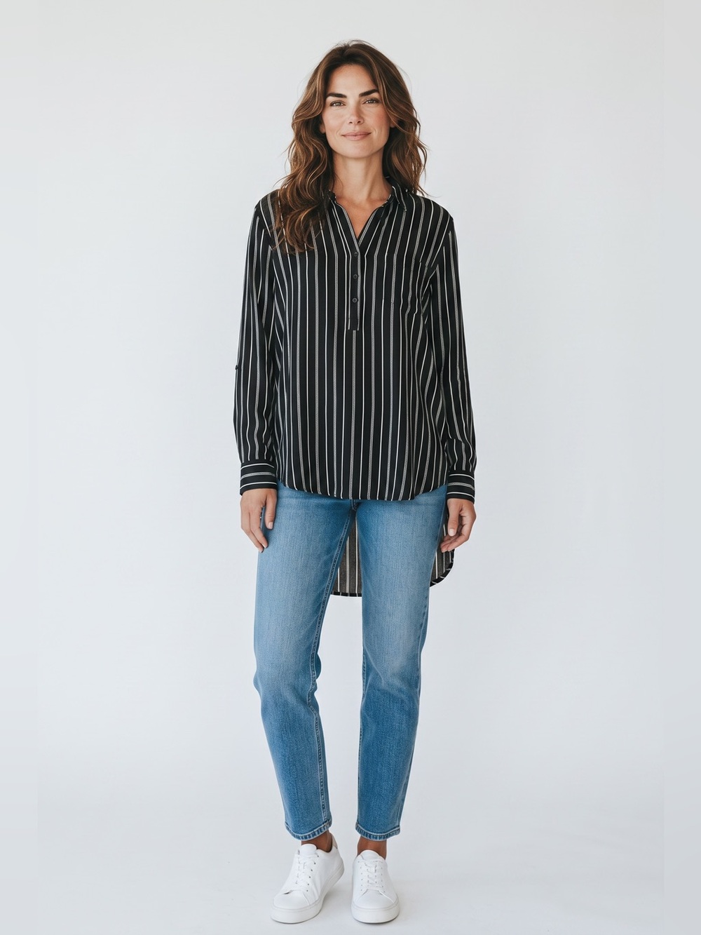 Per Se Quarter Button Striped Blouse // Black // XL